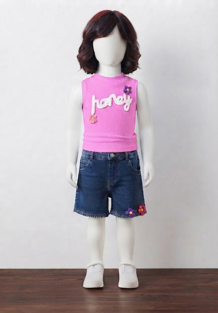 Honey Graphic Denim Shorts Set