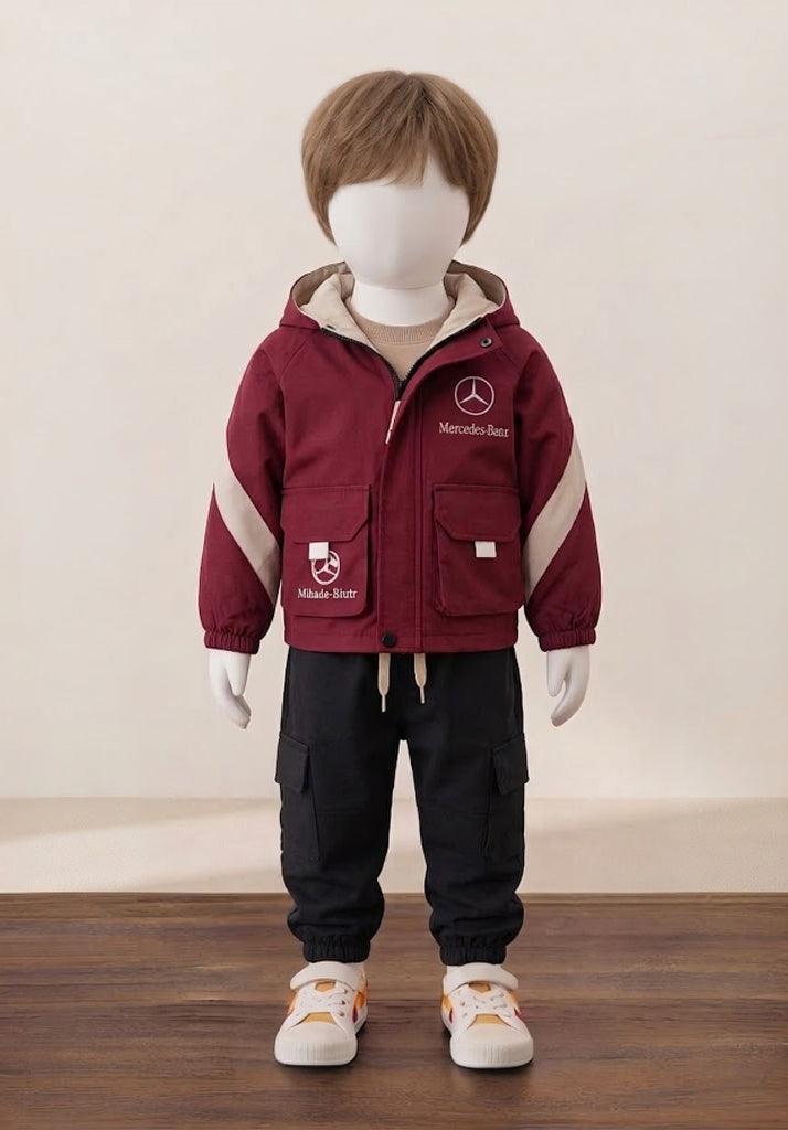 Kid’s Hooded Color-Block Jacket with Cargo Pants